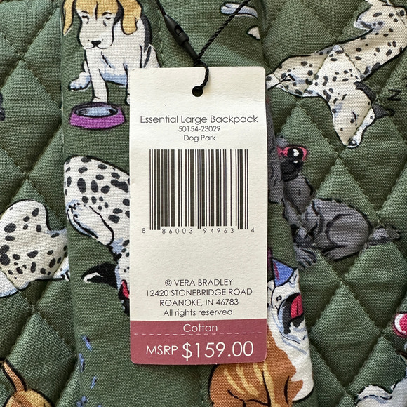 New Vera Bradley Dog Park Essential Large Backpack Quilted Cotton Green